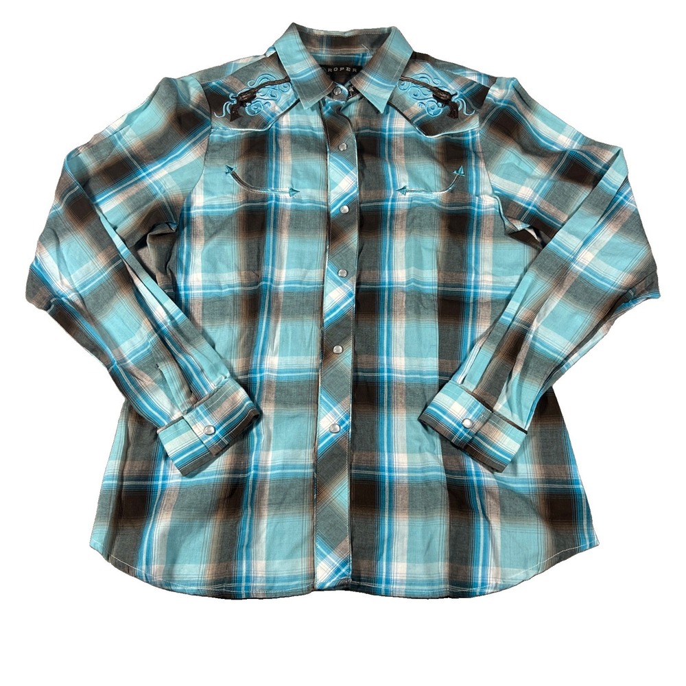 Roper Western Shirt Mens Medium Blue Plaid Pearl Snap Revolver Embroidery LS